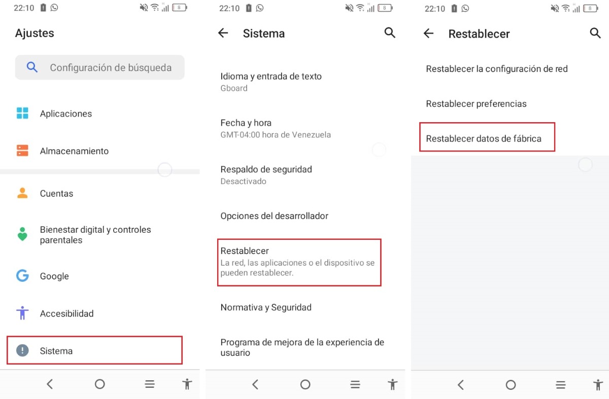 restablecer el dispositivo a la configuracion de fabrica