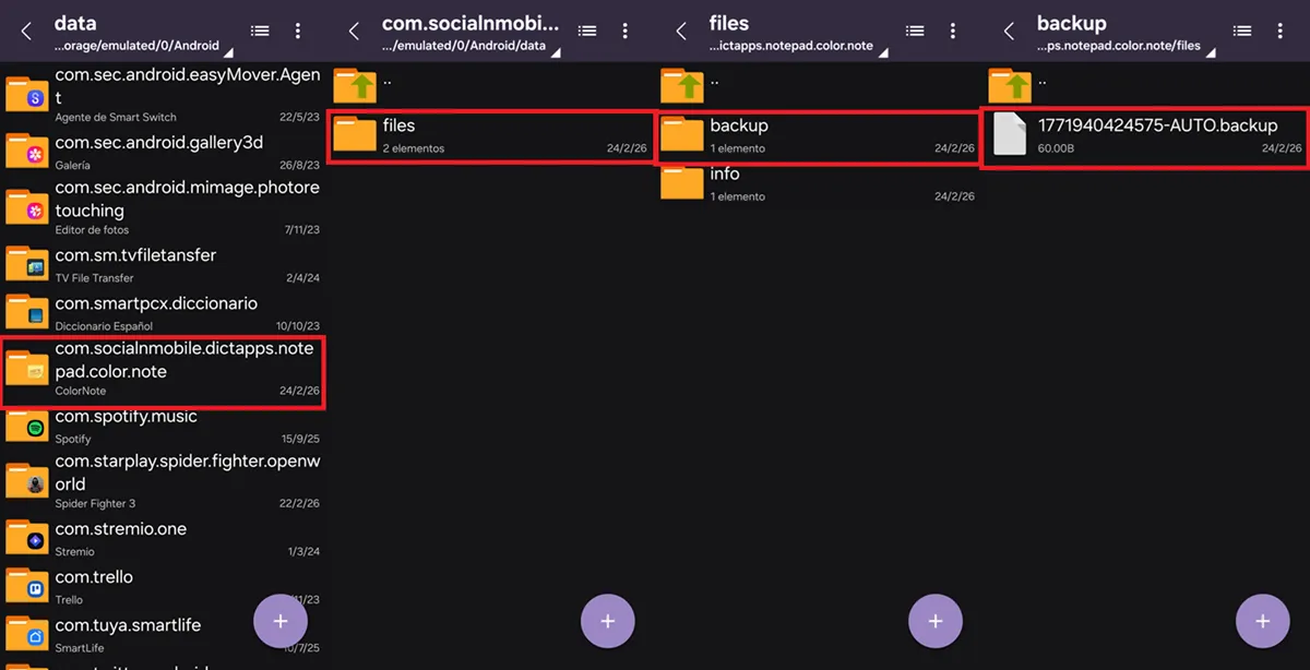 ruta de almacenamiento de ColorNote en Android