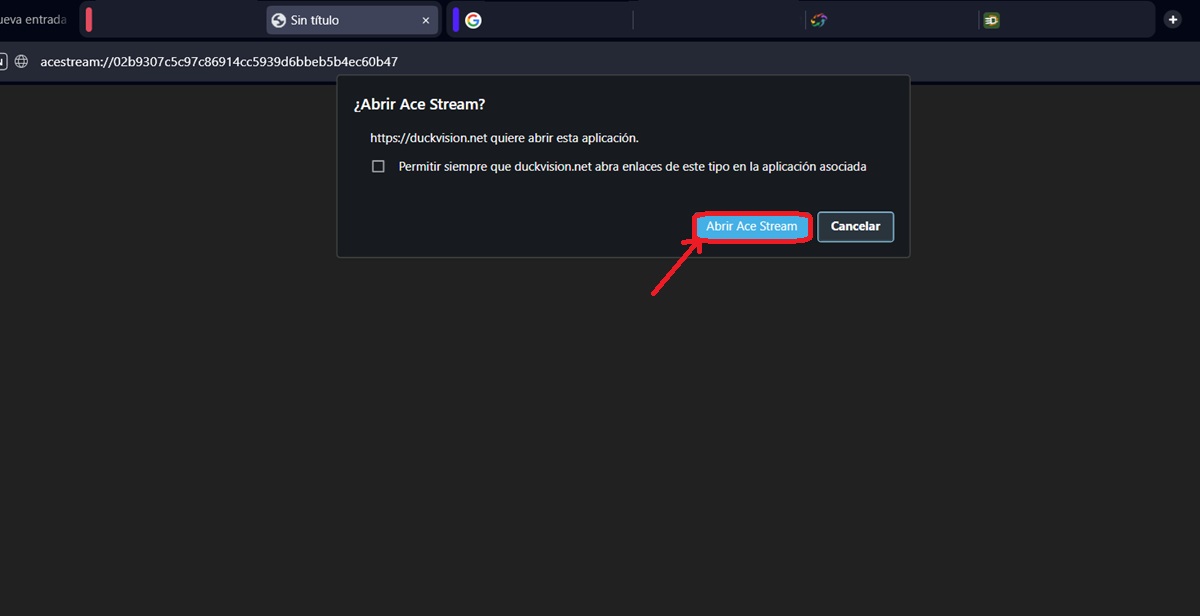 selecciona abrir ace stream para reproducir el link en vlc