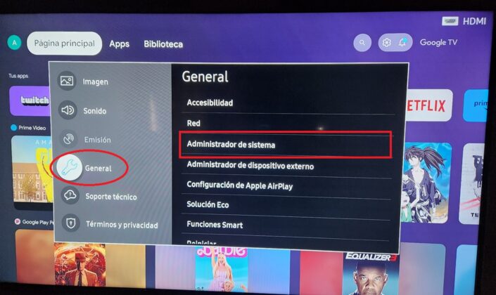 selecciona general y luego administrador de sistema en samsung smart tv