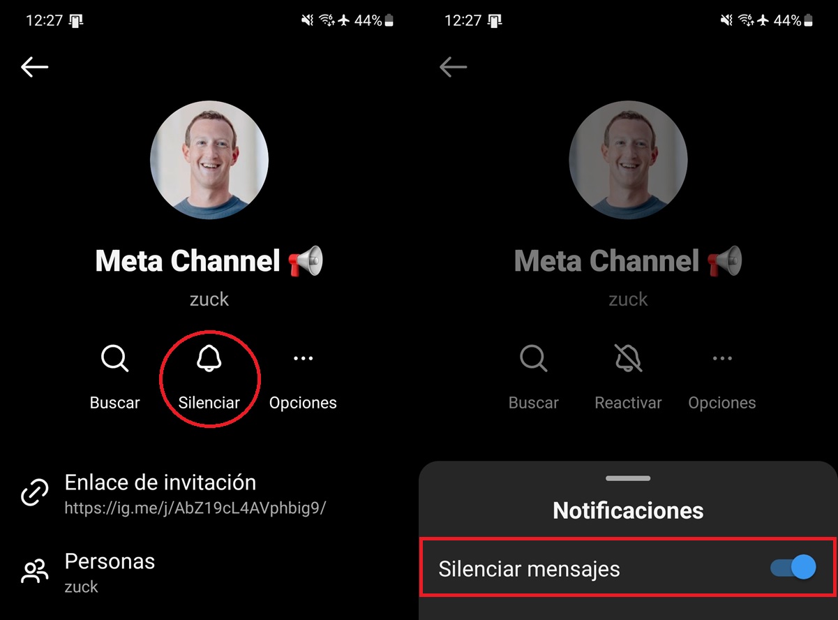 silencionar notificaciones de mensajes de canal en instagram