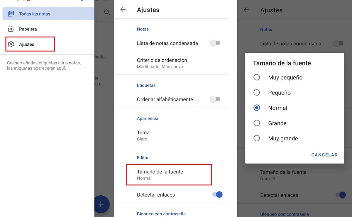 tamaño fuente simplenote