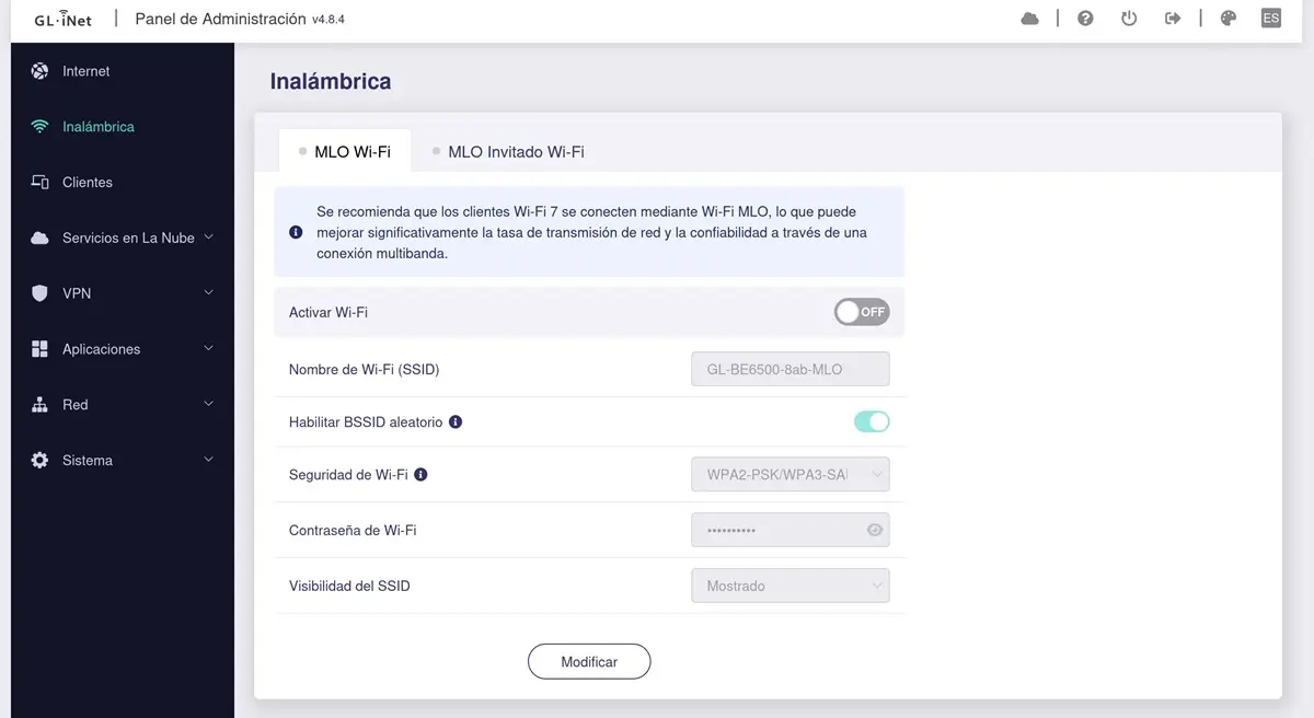te recomiendo activar la opcion MLO para sacarle el maximo provecho al WiFi 7 GL.iNet Flint 3e