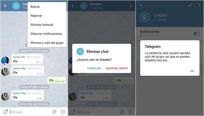 telegram eliminar creador de grupo