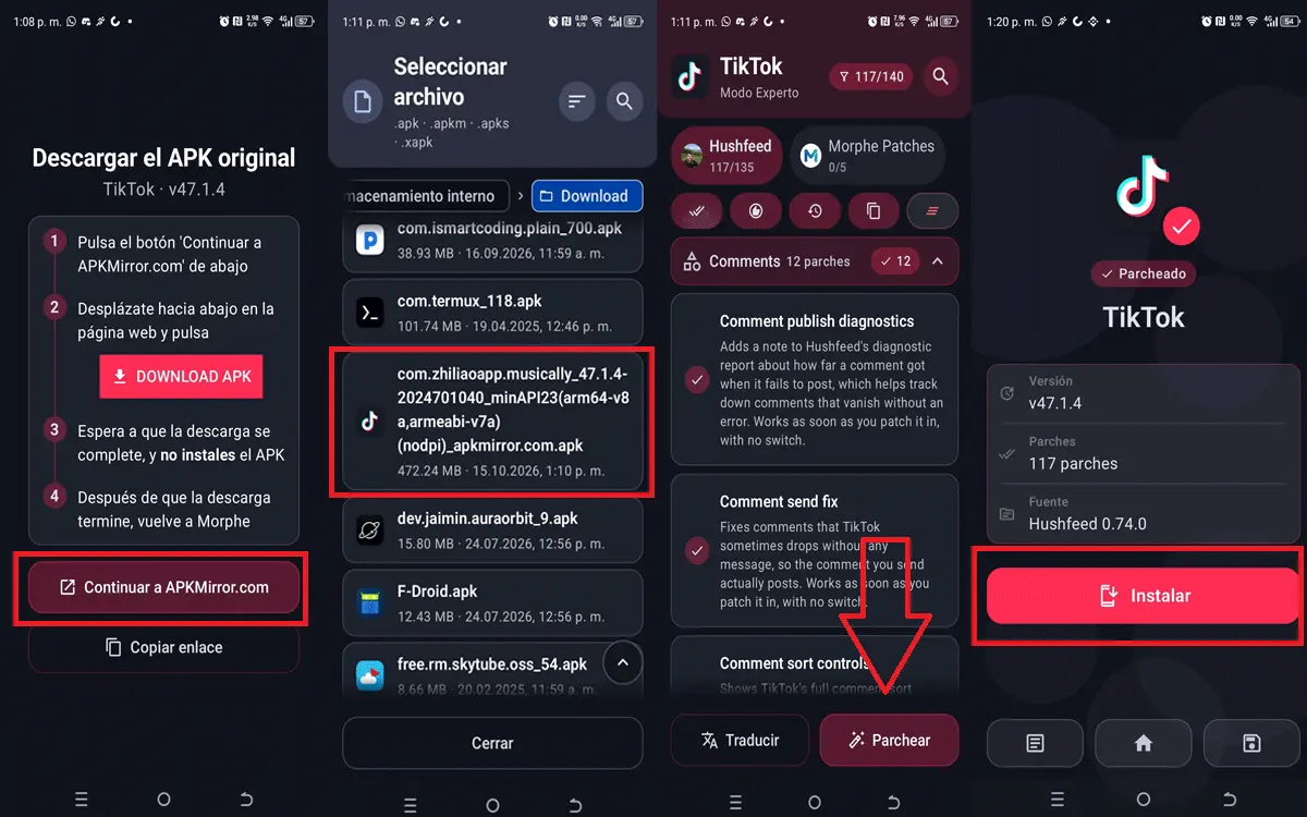Instalar parches para TikTok en Morphe