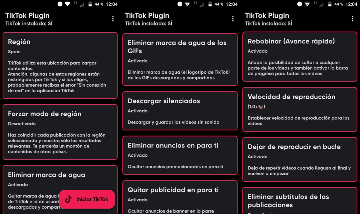 tiktok plugin app opciones