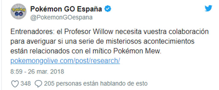 tweet de pokemon españa sobre las tareas de investigacion