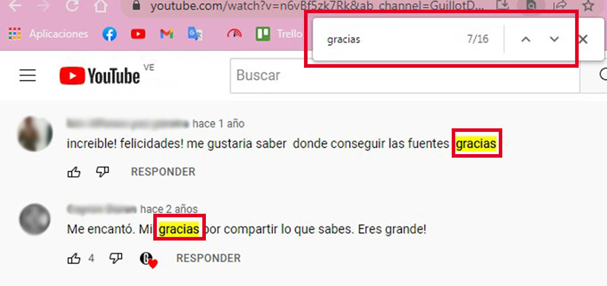 usar buscardor del navegador para buscar comentarios en Youtube 2